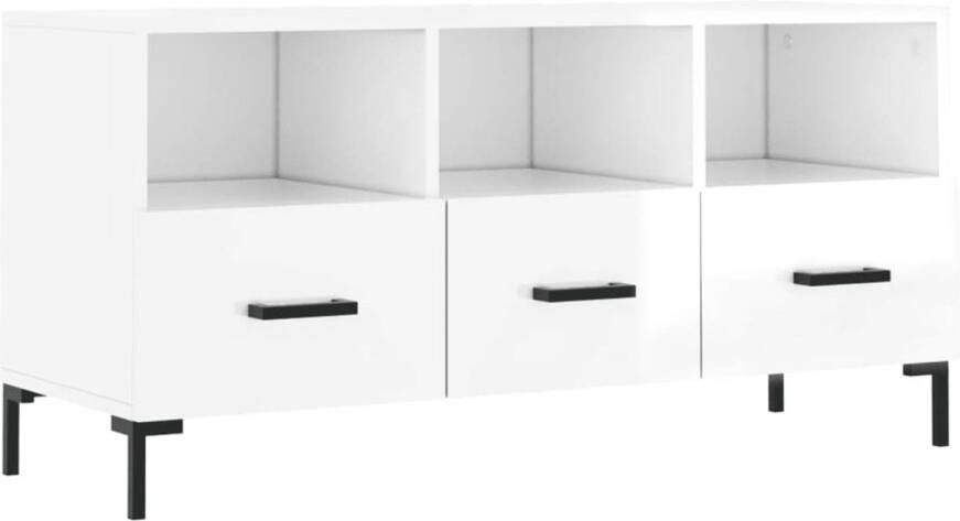 The Living Store TV-meubel hoogglans wit bewerkt hout ijzer 102 x 36 x 50 cm opberger - Foto 2