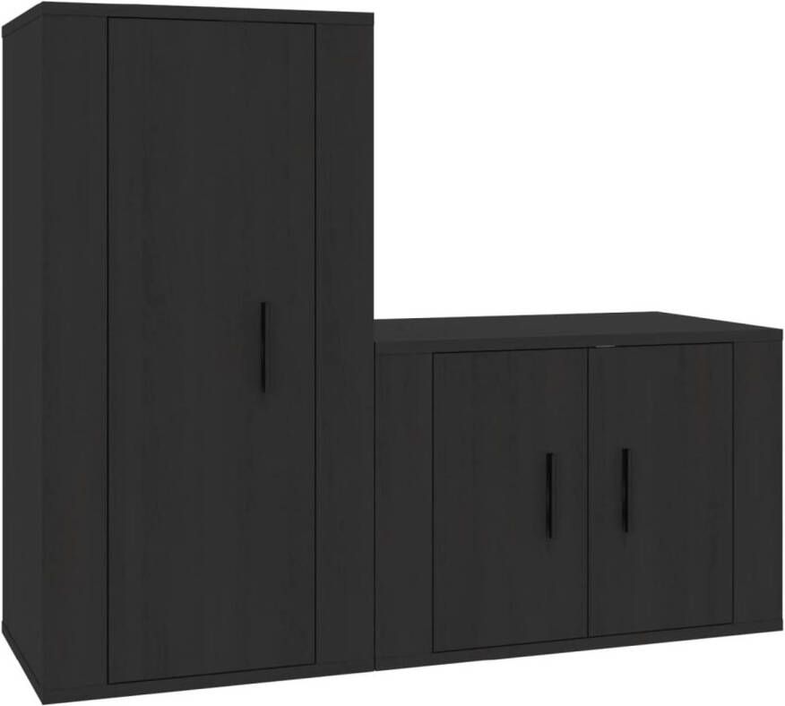 The Living Store 2-delige Tv-meubelset bewerkt hout zwart Tv Kast Tv Meubel Houten Tv Kast Zwarte Tv Kast Wandmontage Tv Kast