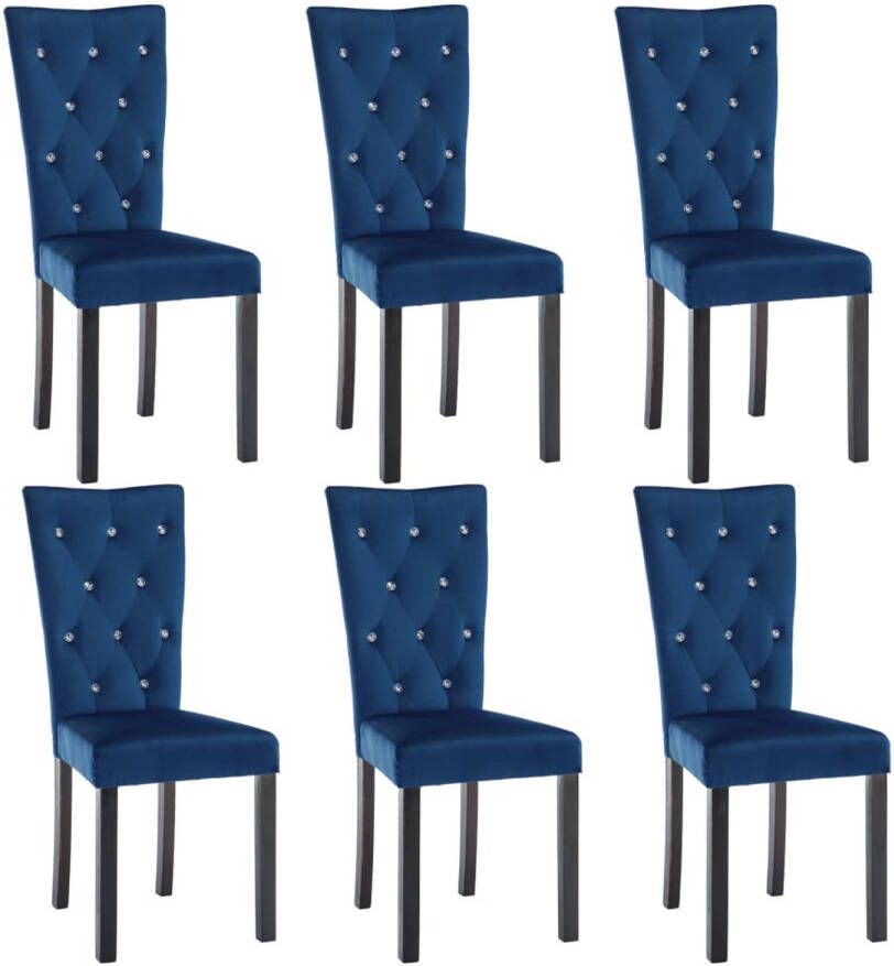 The Living Store Velvet Dining Chairs Set van 6 Donkerblauw 43x51x98 cm Kristalvormige knopen Massief houten frame