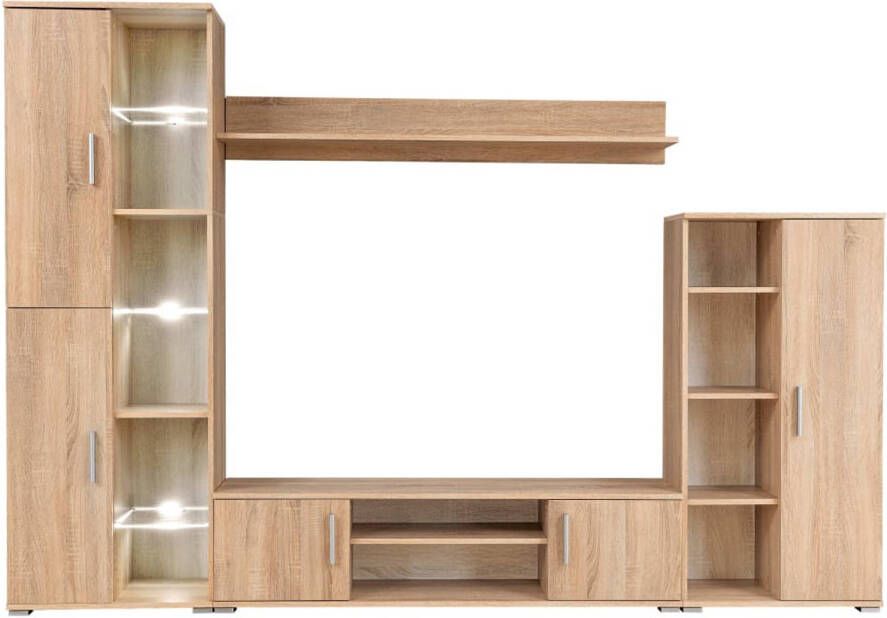 The Living Store Wandmeubel 2 zijkasten in verschillende afmetingen 1 tv-kast 1 wandplank Sonoma eiken LED-verlichting