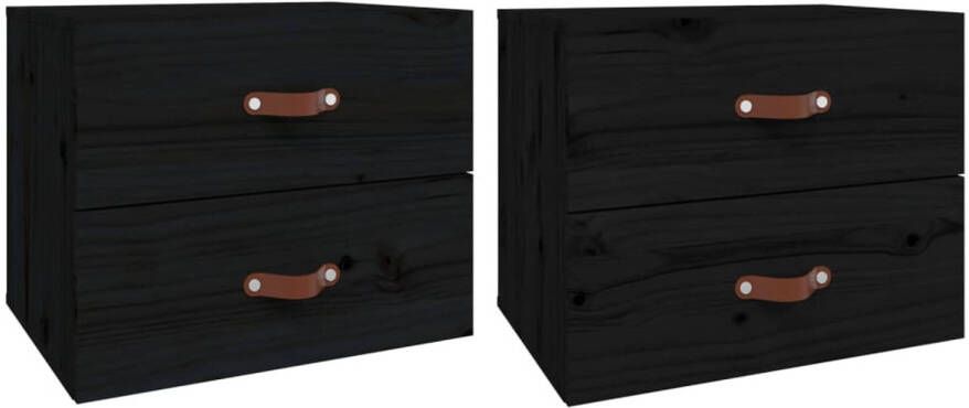 The Living Store Wandnachtkastje 50 x 36 x 40 cm Massief grenenhout zwart (Set van 2)