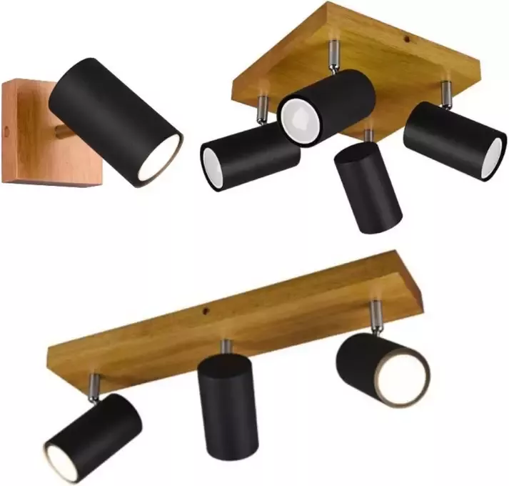 TRIO Bundel Marley Opbouwspots 1 spot & 3 spot & 4 spot Zwart met Houtkleurige basis