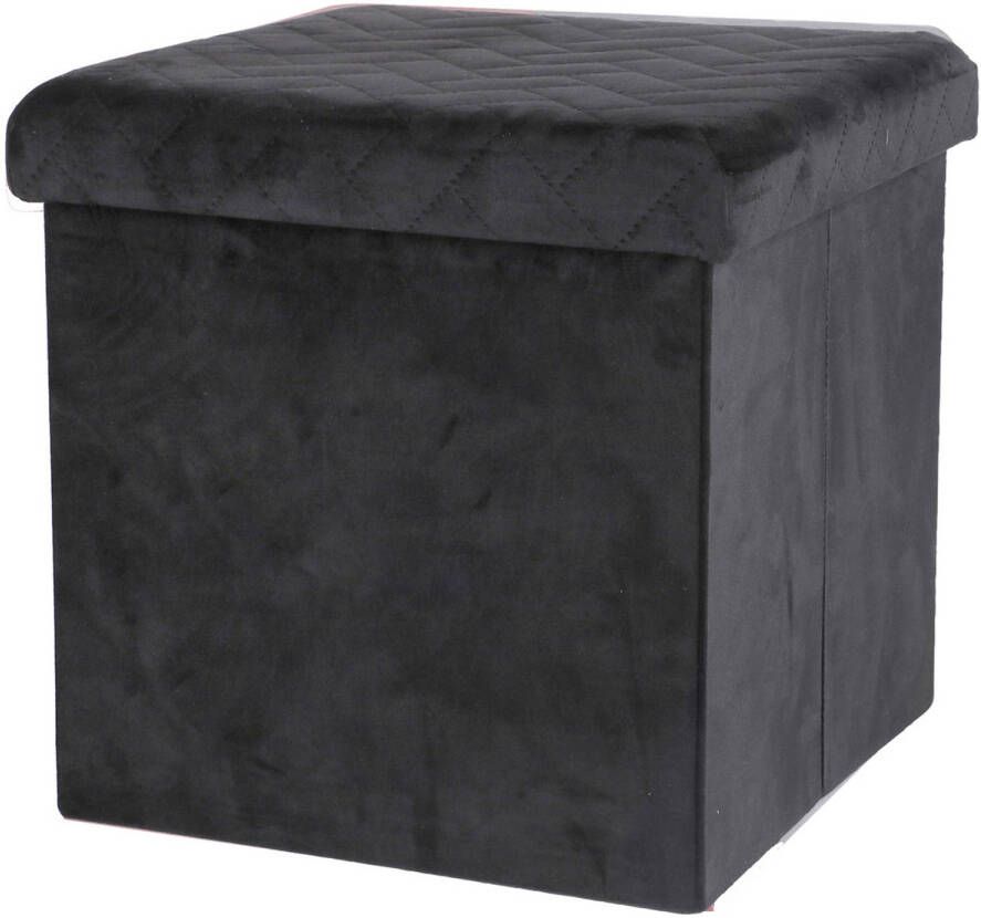 Urban Living Poef hocker opbergbox zit krukje velvet zwart polyester mdf 38 x 38 cm opvouwbaar Poefs