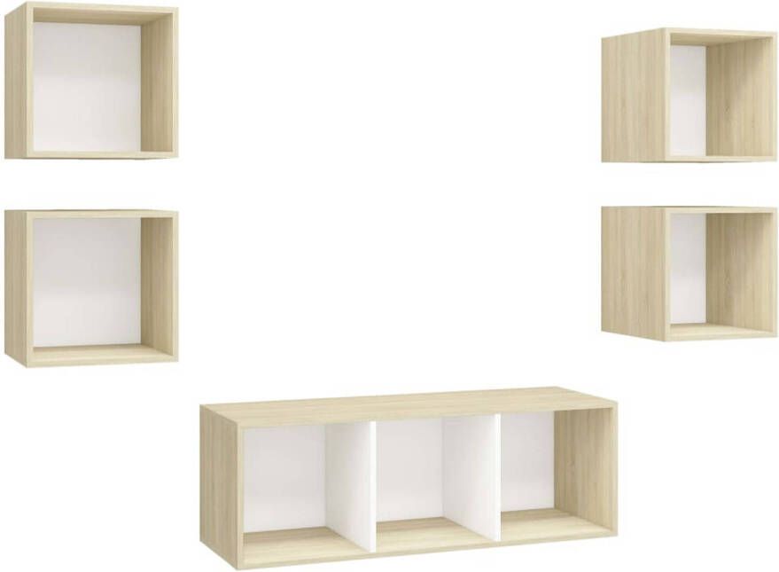 VidaXL 5-delige Tv-meubelset bewerkt hout wit en sonoma eikenkleurig