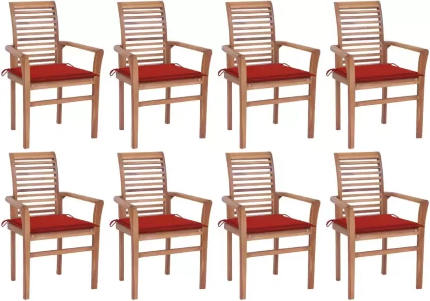 VIDAXL Eetkamerstoelen 8 st met rode kussens massief teakhout