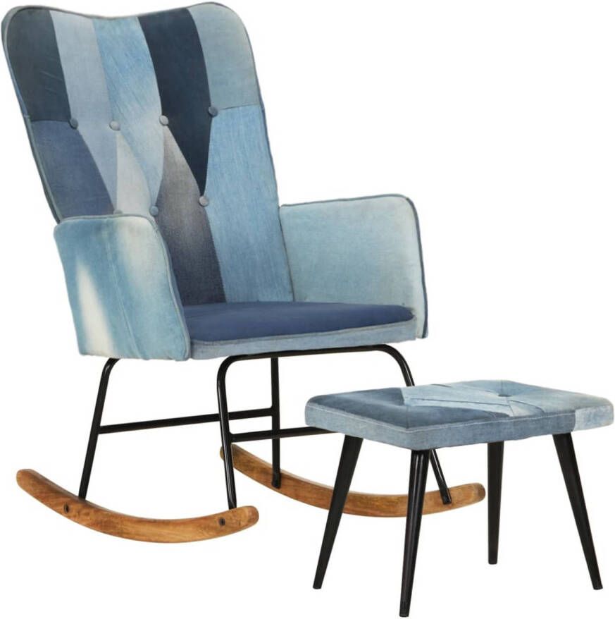 VIDAXL Schommelstoel met voetensteun patchwork canvas blauw denim