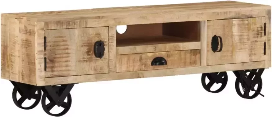 VidaXL -Tv-meubel-met-wieltjes-110x30x37-cm-ruw-mangohout