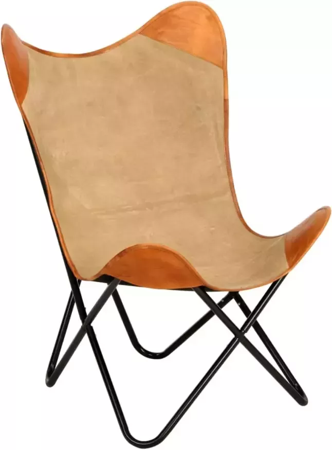 VIDAXL Vlinderstoel echt leer en canvas bruin