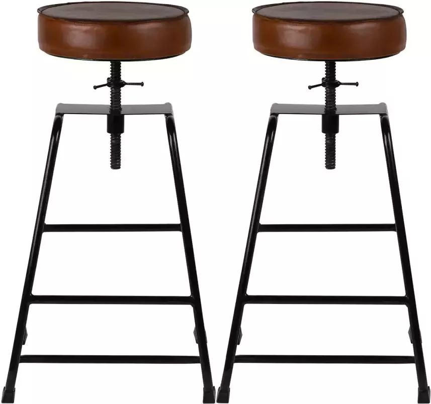 Womo-design Barkruk set van 2 in hoogte verstelbaar Ø32x70-89cm echt leer metalen frame zwart-bruin ronde kruk gestoffeerde stoel barkruk met leren bekleding baliekruk met voetensteun baliestoel