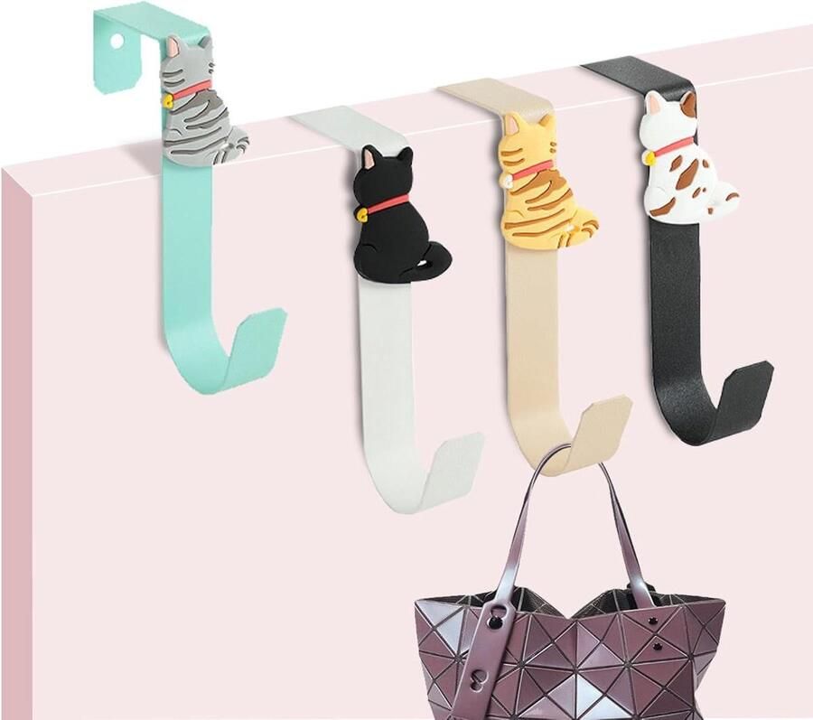 Stevige Deurhaken met Kattenmotief Set van 4 Deurhanger Kapstokhaken voor Slaapkamerdeuren Badkamer en Kledingkast Geen Perforatie Nodig