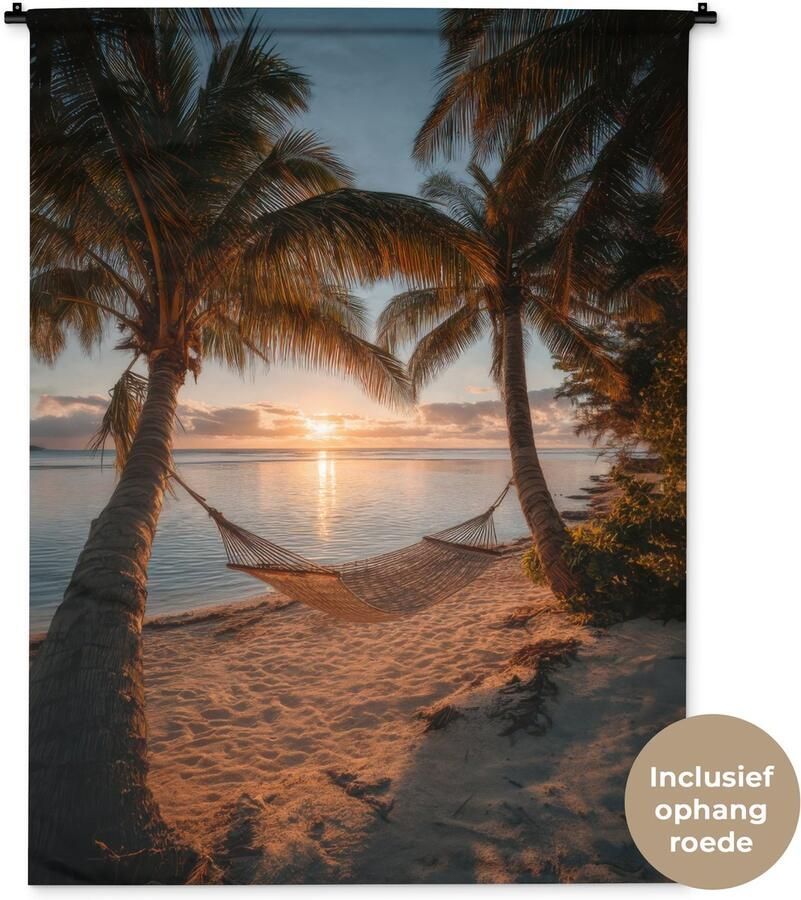 1001Tapestries Wandkleed 120x160 cm Wanddoek Palmbomen Hangmat Strand Zonsondergang Wandtapijt Wandkleden