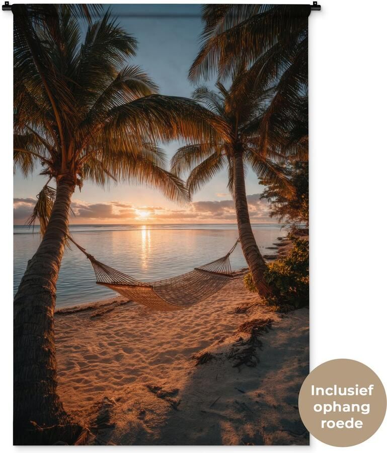 1001Tapestries Wandkleed 120x180 cm Wanddoek Palmbomen Hangmat Strand Zonsondergang Wandtapijt Wandkleden