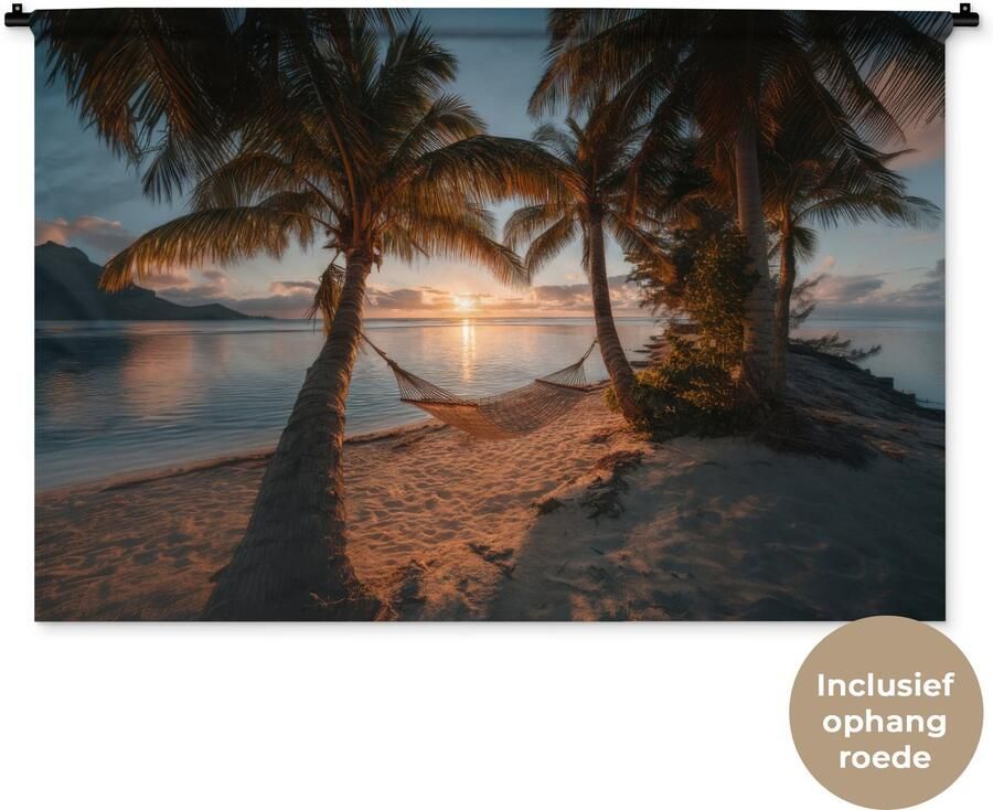 1001Tapestries Wandkleed 150x100 cm Wanddoek Palmbomen Hangmat Strand Zonsondergang Wandtapijt Wandkleden