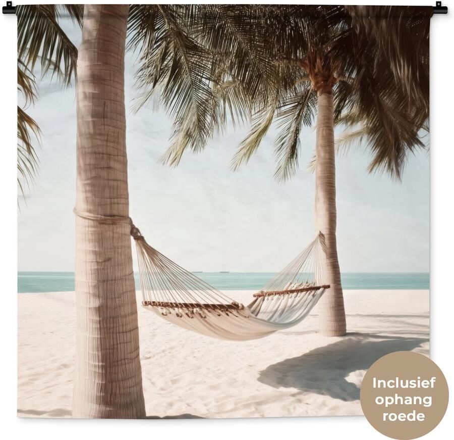 1001Tapestries Wandkleed 150x150 cm Wanddoek Hangmat Palmbomen Strand Zee Wandtapijt Wandkleden