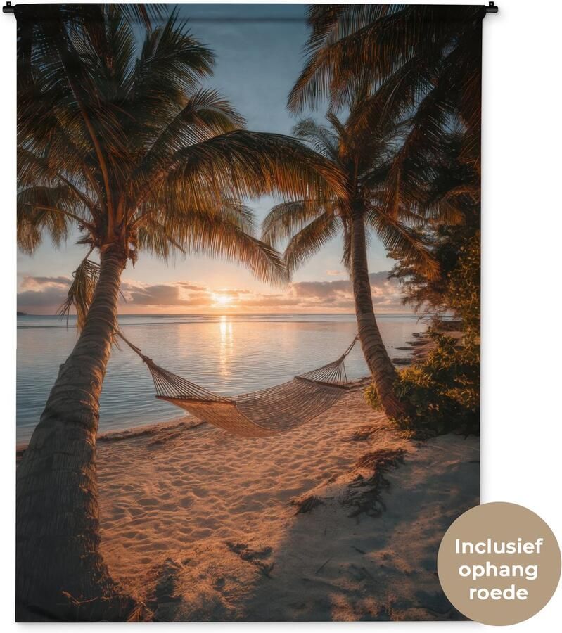 1001Tapestries Wandkleed 150x200 cm Wanddoek Palmbomen Hangmat Strand Zonsondergang Wandtapijt Wandkleden