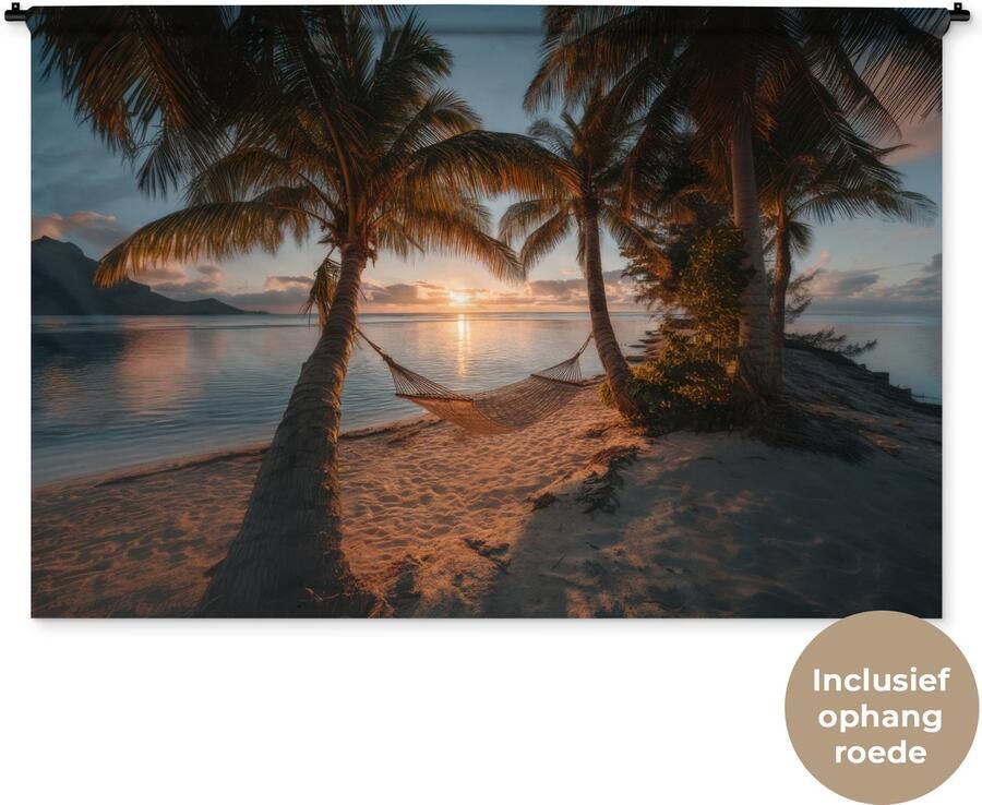 1001Tapestries Wandkleed 180x120 cm Wanddoek Palmbomen Hangmat Strand Zonsondergang Wandtapijt Wandkleden