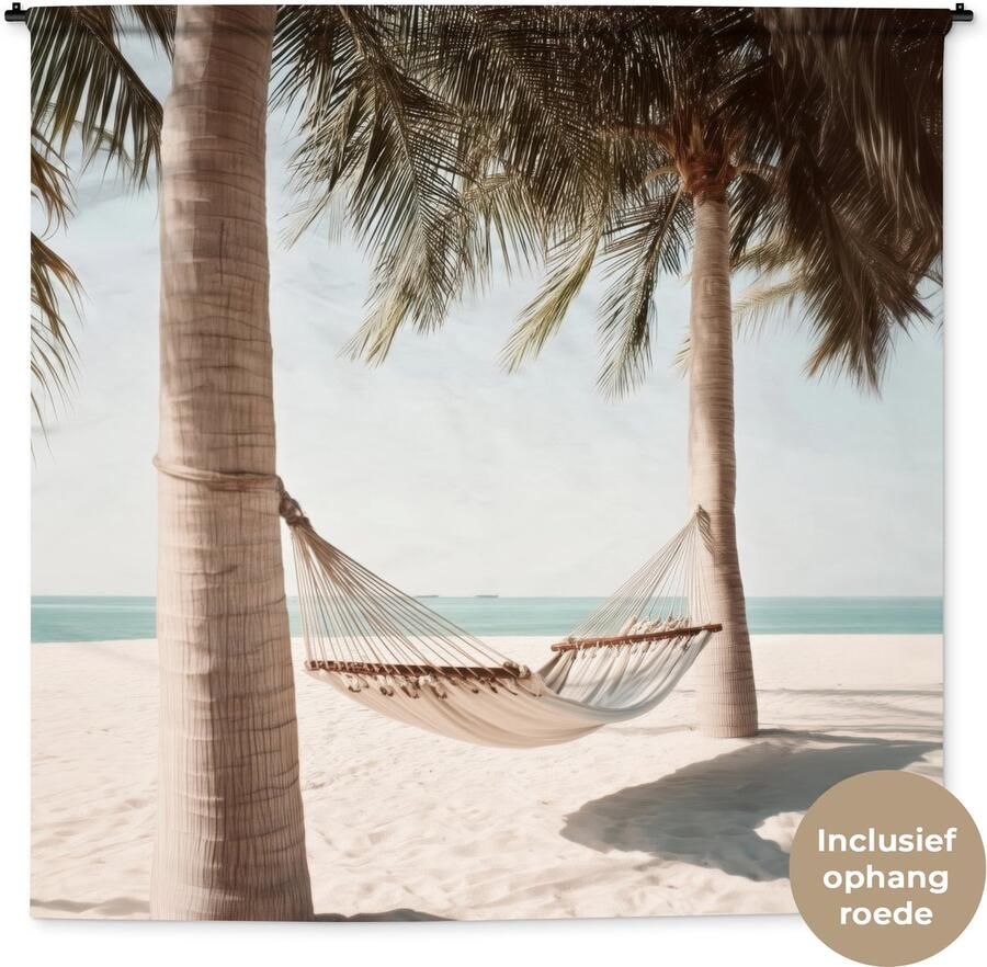 1001Tapestries Wandkleed 180x180 cm Wanddoek Hangmat Palmbomen Strand Zee Wandtapijt Wandkleden
