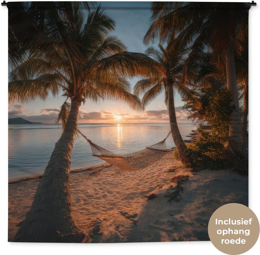 1001Tapestries Wandkleed 180x180 cm Wanddoek Palmbomen Hangmat Strand Zonsondergang Wandtapijt Wandkleden