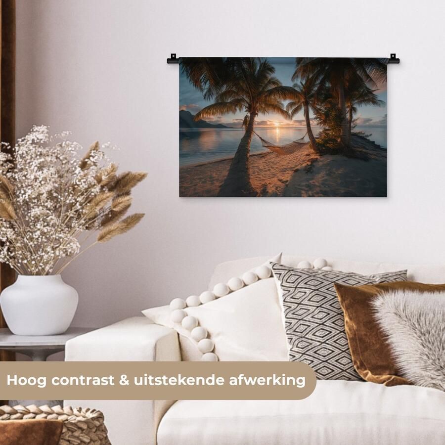 1001Tapestries Wandkleed 60x40 cm Wanddoek Palmbomen Hangmat Strand Zonsondergang Wandtapijt Wandkleden