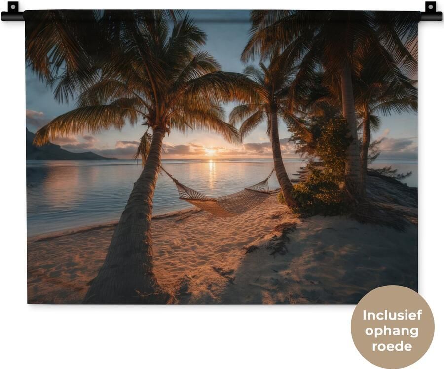 1001Tapestries Wandkleed 60x45 cm Wanddoek Palmbomen Hangmat Strand Zonsondergang Wandtapijt Wandkleden