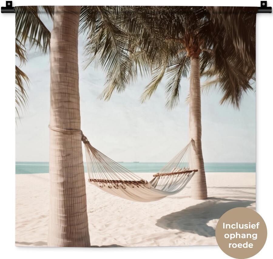 1001Tapestries Wandkleed 60x60 cm Wanddoek Hangmat Palmbomen Strand Zee Wandtapijt Wandkleden