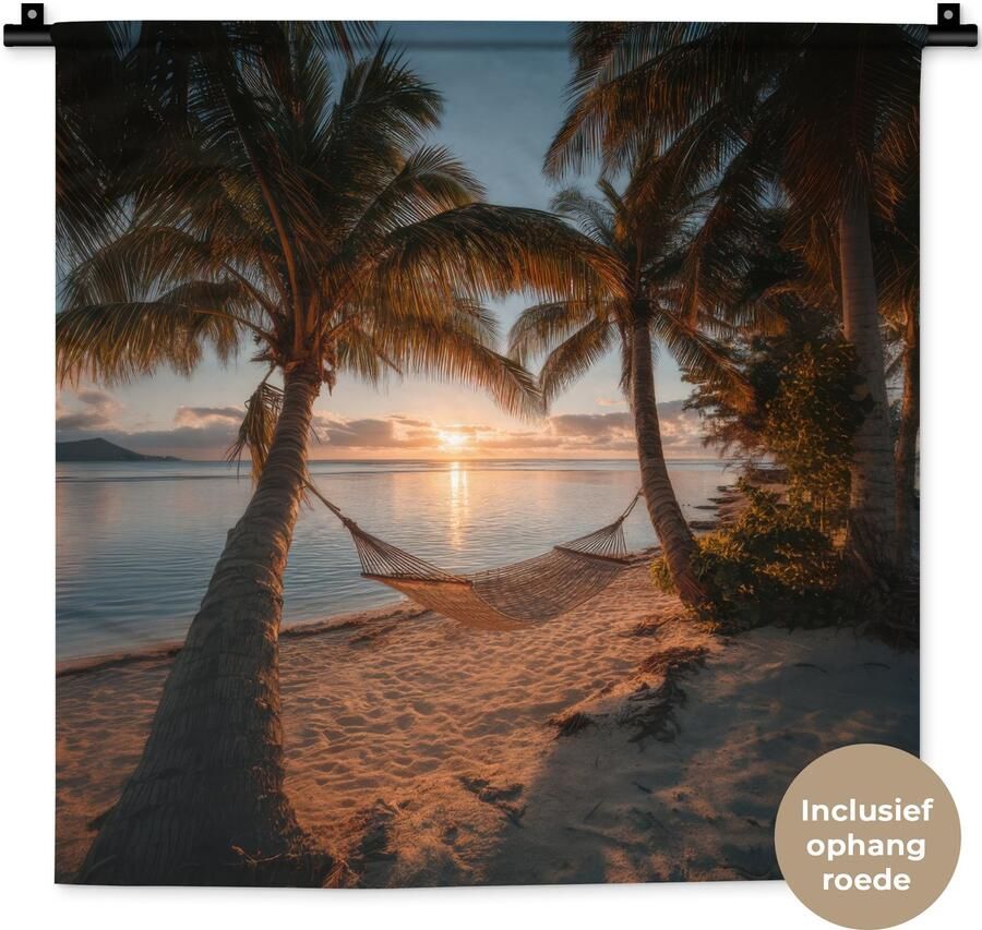 1001Tapestries Wandkleed 60x60 cm Wanddoek Palmbomen Hangmat Strand Zonsondergang Wandtapijt Wandkleden