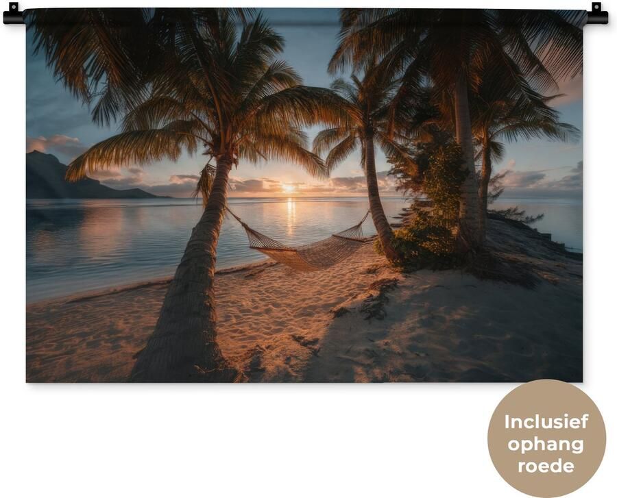 1001Tapestries Wandkleed 90x60 cm Wanddoek Palmbomen Hangmat Strand Zonsondergang Wandtapijt Wandkleden