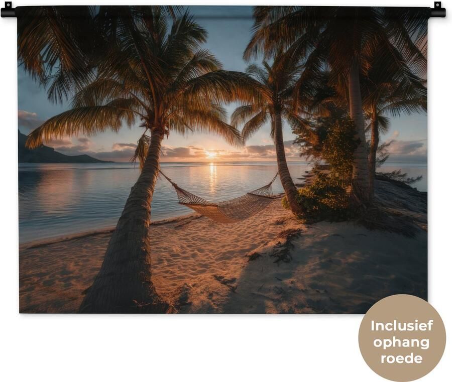 1001Tapestries Wandkleed 90x67.5 cm Wanddoek Palmbomen Hangmat Strand Zonsondergang Wandtapijt Wandkleden