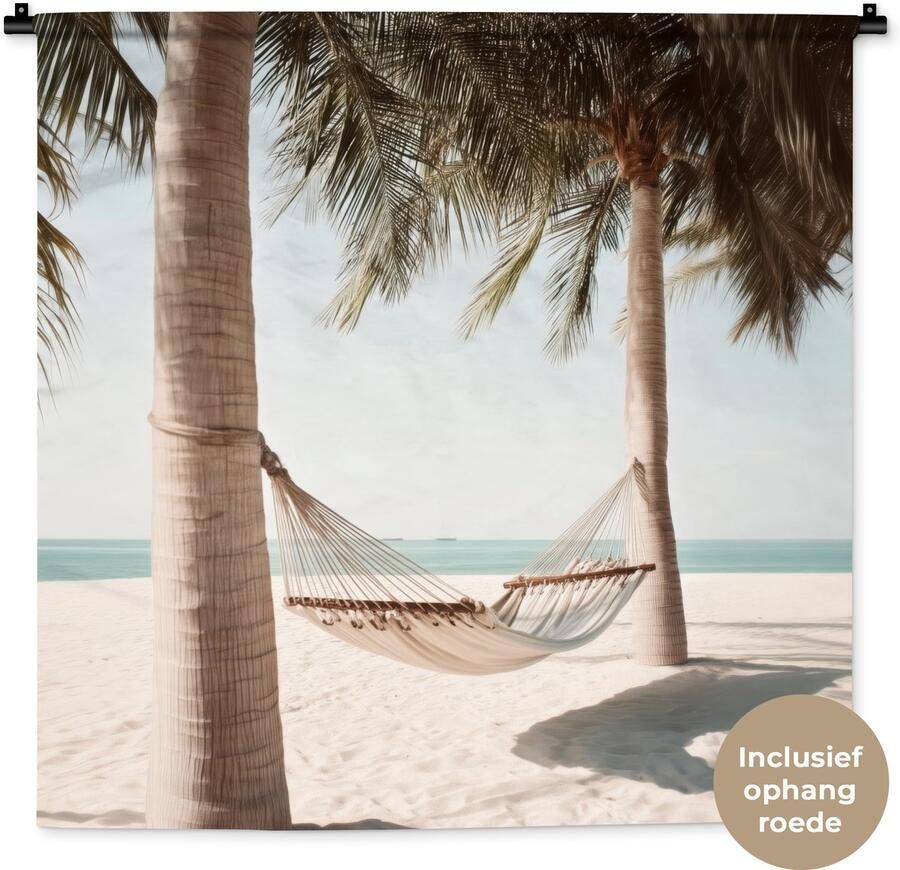 1001Tapestries Wandkleed 90x90 cm Wanddoek Hangmat Palmbomen Strand Zee Wandtapijt Wandkleden