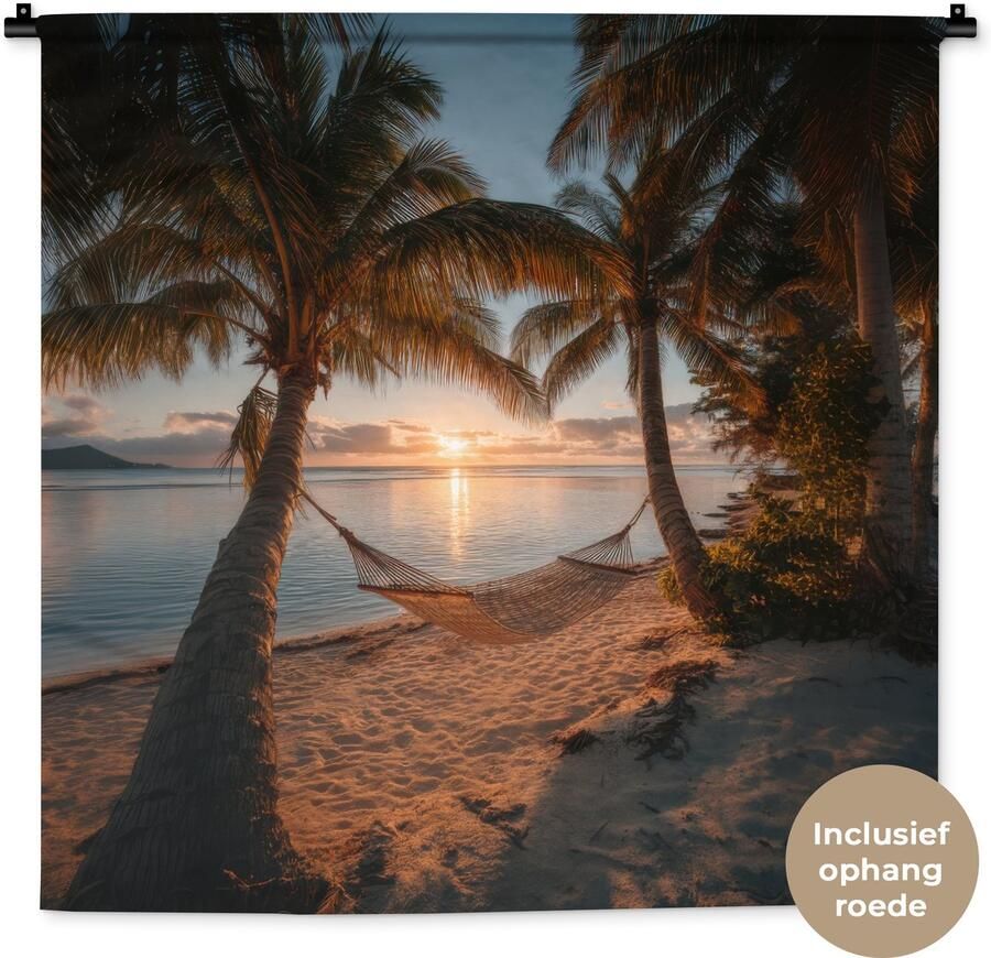 1001Tapestries Wandkleed 90x90 cm Wanddoek Palmbomen Hangmat Strand Zonsondergang Wandtapijt Wandkleden