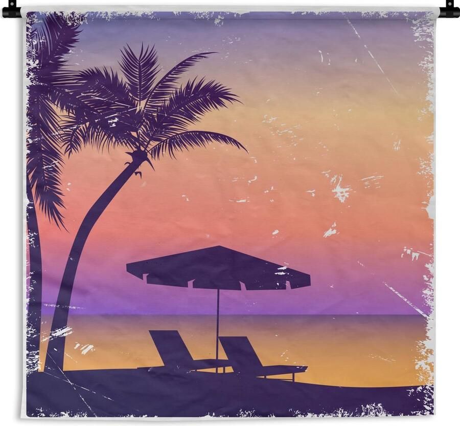 1001Tapestries Wandkleed Strandstoel Parasol Nacht Waterverf 120x120 cm Wandtapijt