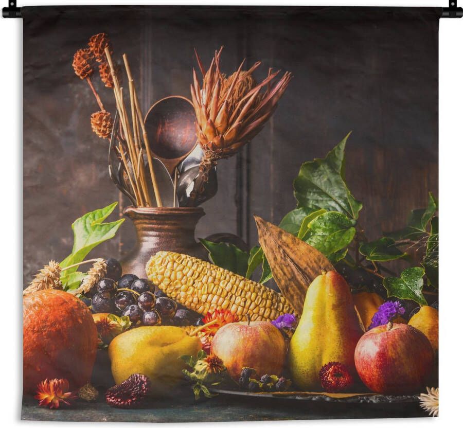 1001Tapestries Wandkleed Wanddoek Groente Fruit Rustiek Tafel 120x120 cm Wandtapijt - Foto 1