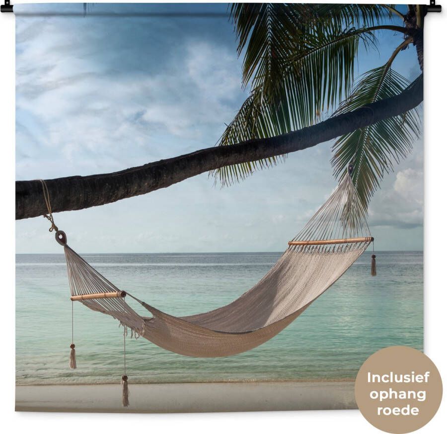 1001Tapestries Wandkleed Wanddoek Palmboom Hangmat Strand 120x120 cm Wandtapijt