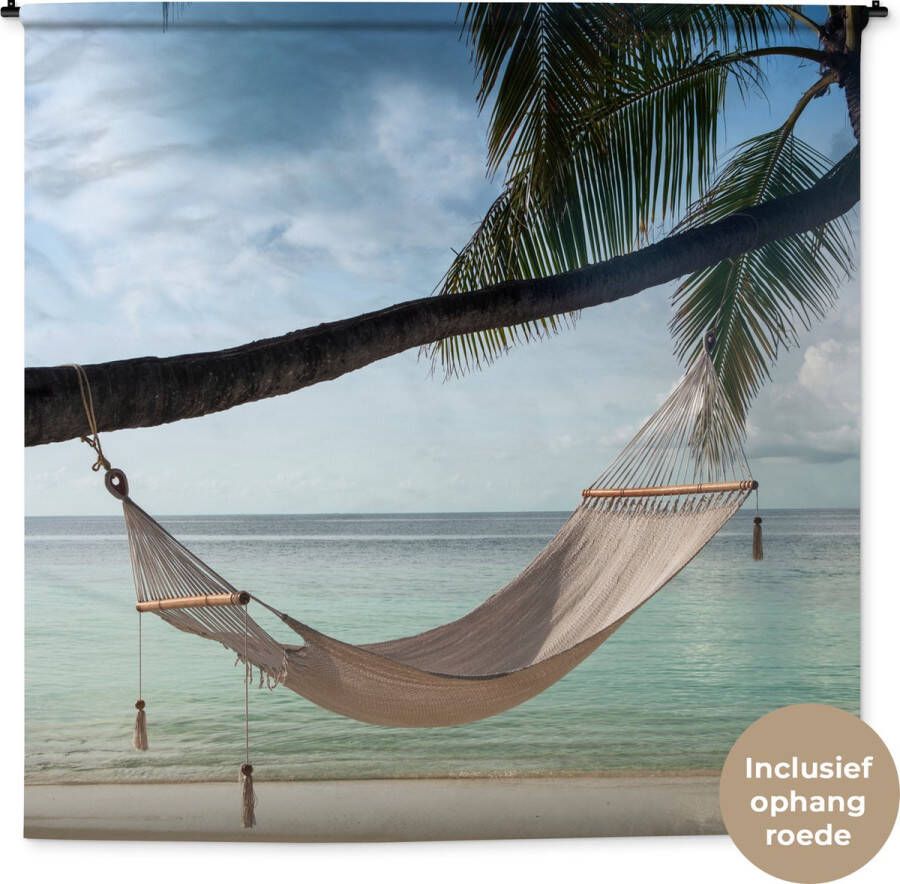 1001Tapestries Wandkleed Wanddoek Palmboom Hangmat Strand 180x180 cm Wandtapijt