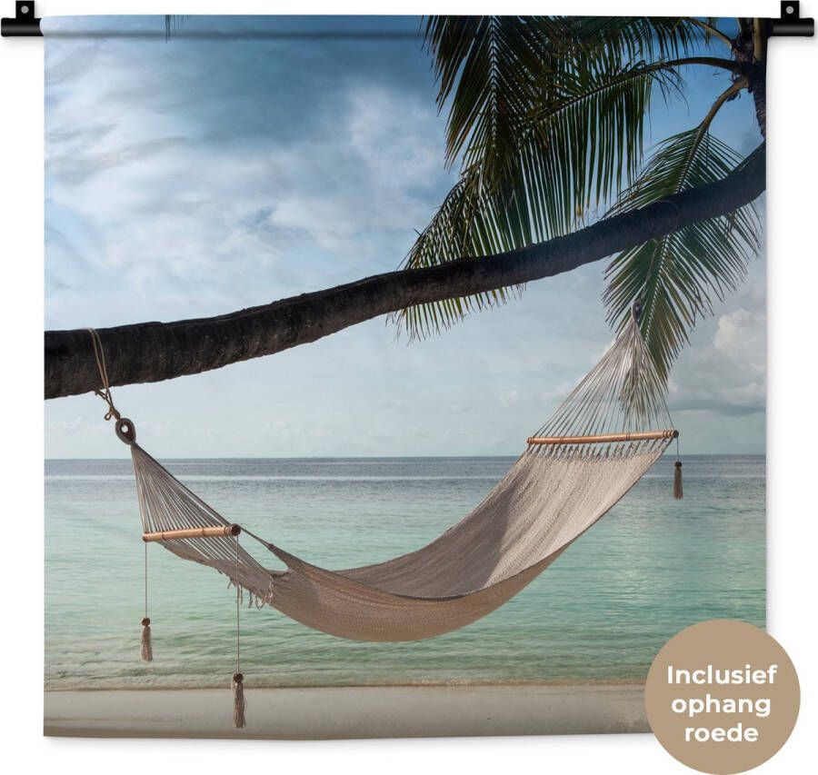 1001Tapestries Wandkleed Wanddoek Palmboom Hangmat Strand 60x60 cm Wandtapijt