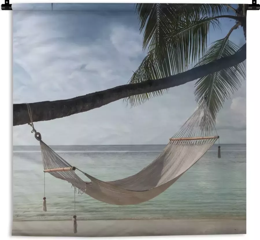 1001Tapestries Wandkleed Wanddoek Palmboom Hangmat Strand 90x90 cm Wandtapijt - Foto 2