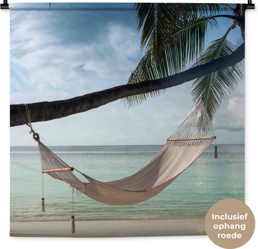 1001Tapestries Wandkleed Wanddoek Palmboom Hangmat Strand 90x90 cm Wandtapijt