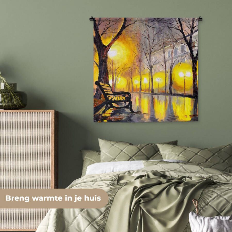 1001Tapestries Wandkleed Wanddoek Schilderij Bank Water Licht Olieverf 90x90 cm Wandtapijt