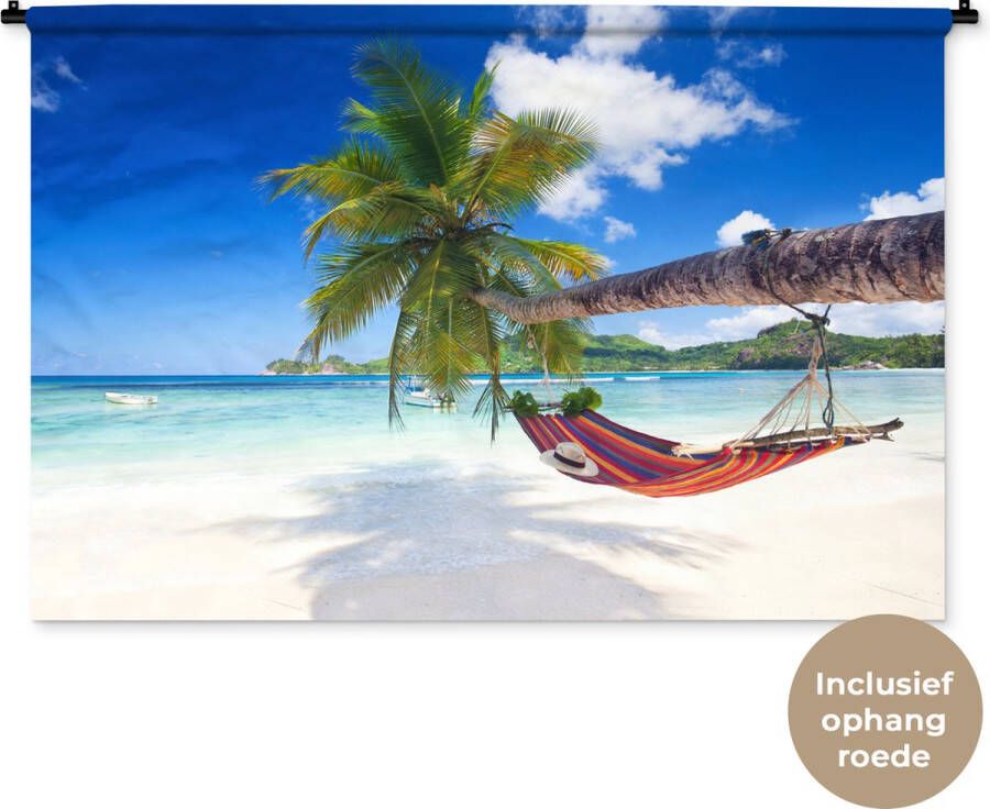 1001Tapestries Wandkleed Wanddoek Strand Hangmat Zee Palmboom 150x100 cm Wandtapijt