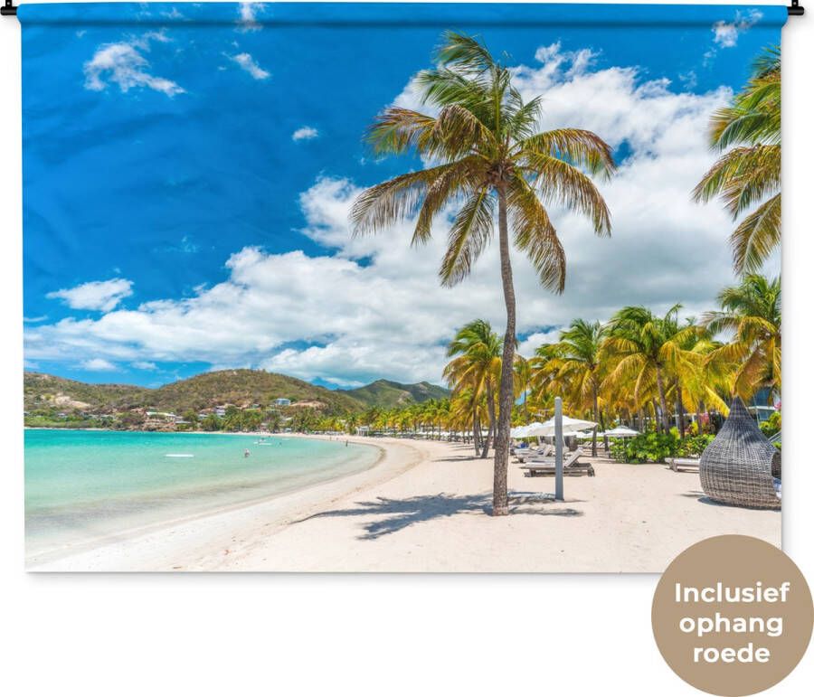 1001Tapestries Wandkleed Wanddoek Strand Ligbed Palmbomen 180x135 cm Wandtapijt