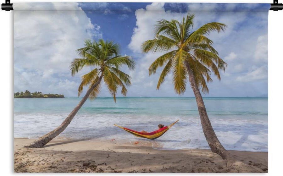 1001Tapestries Wandkleed Wanddoek Strand Palmbomen Hangmat 120x80 cm Wandtapijt