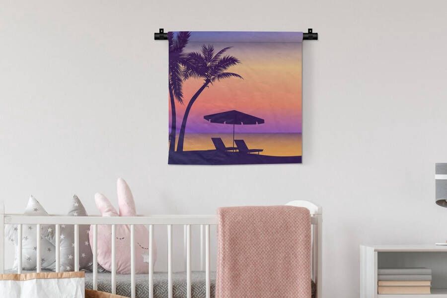 1001Tapestries Wandkleed Wanddoek Strandstoel Parasol Nacht Tekening 60x60 cm Wandtapijt