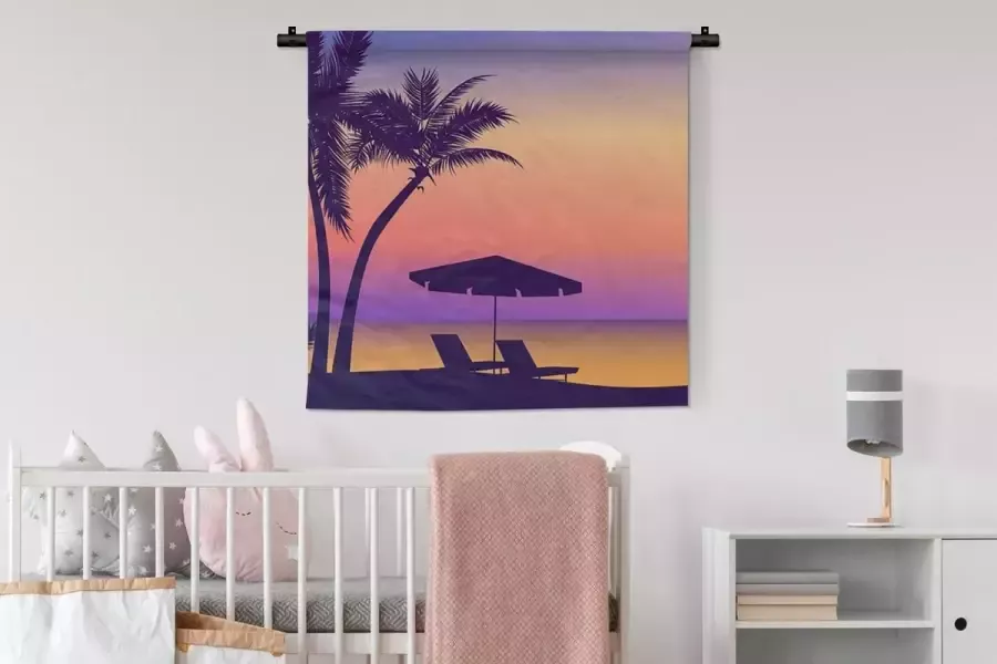 1001Tapestries Wandkleed Wanddoek Strandstoel Parasol Nacht Tekening 90x90 cm Wandtapijt - Foto 2