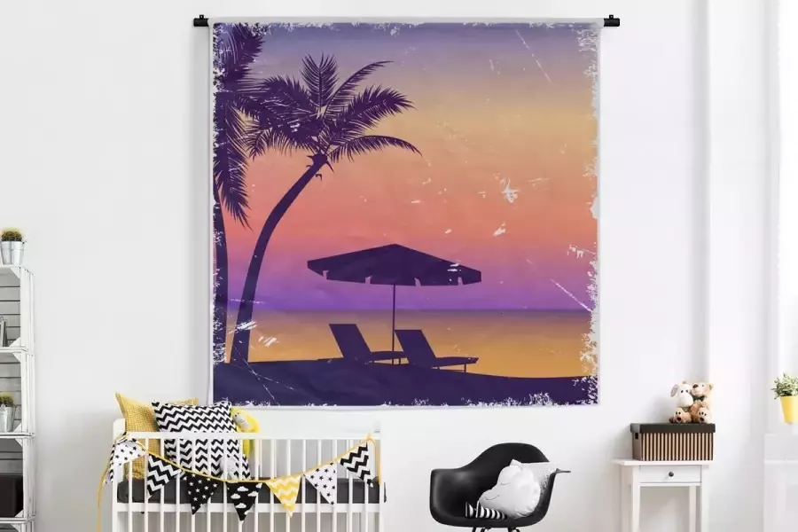 1001Tapestries Wandkleed Wanddoek Strandstoel Parasol Nacht Waterverf 180x180 cm Wandtapijt - Foto 2