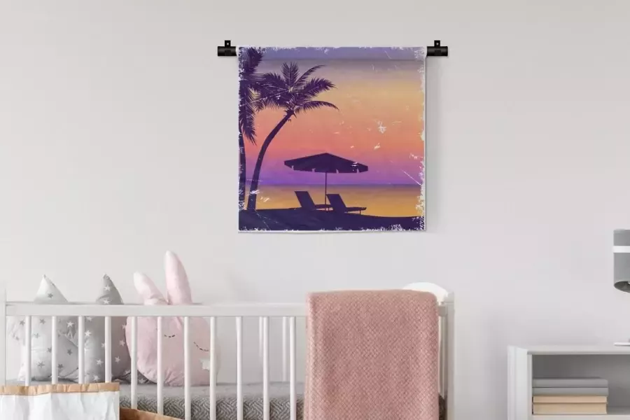 1001Tapestries Wandkleed Wanddoek Strandstoel Parasol Nacht Waterverf 60x60 cm Wandtapijt