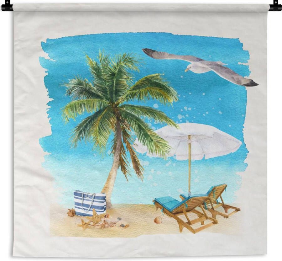 1001Tapestries Wandkleed Wanddoek Strandstoel Parasol Palmboom 150x150 cm Wandtapijt - Foto 3