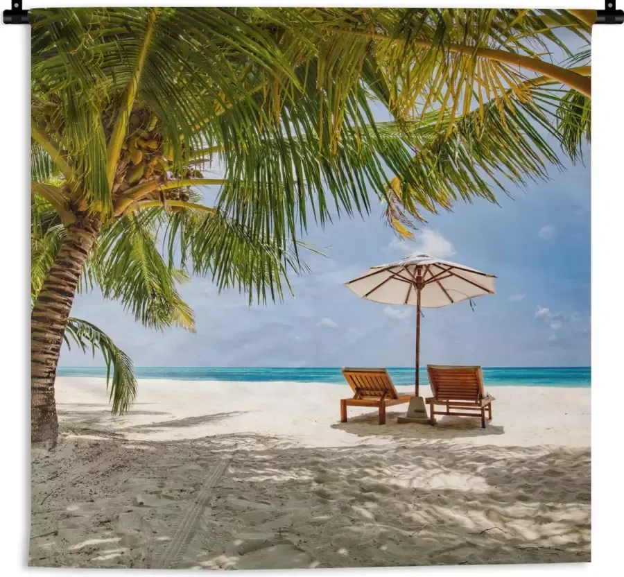 1001Tapestries Wandkleed Wanddoek Strandstoel Parasol Palmboom 90x90 cm Wandtapijt