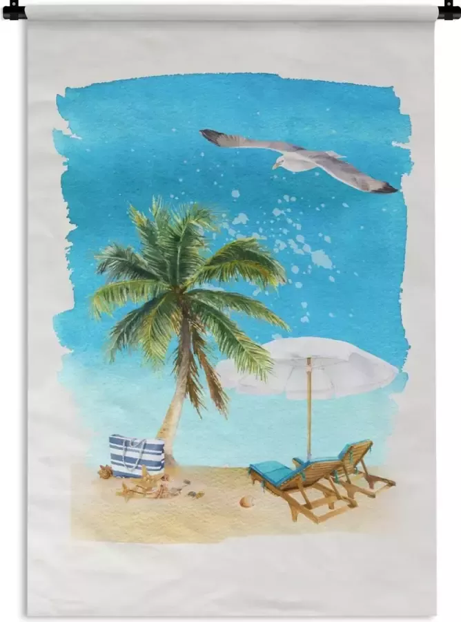 1001Tapestries Wandkleed Wanddoek Strandstoel Parasol Palmboom Lucht 60x90 cm Wandtapijt