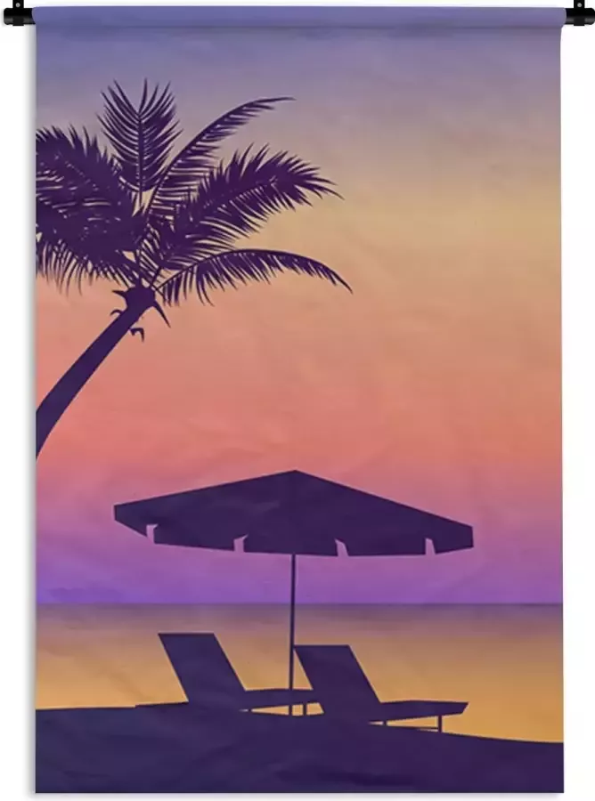 1001Tapestries Wandkleed Wanddoek Strandstoel Parasol Palmboom Nacht 120x180 cm Wandtapijt