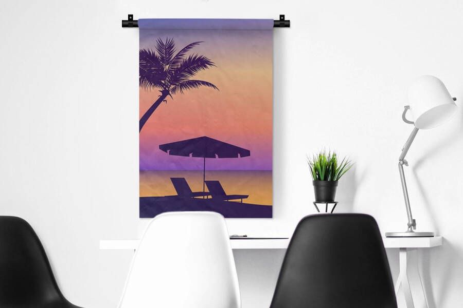 1001Tapestries Wandkleed Wanddoek Strandstoel Parasol Palmboom Nacht 60x90 cm Wandtapijt